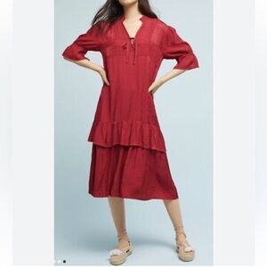 Anthropologie LACAUSA Raspberry Red Silky Tiered Dress
